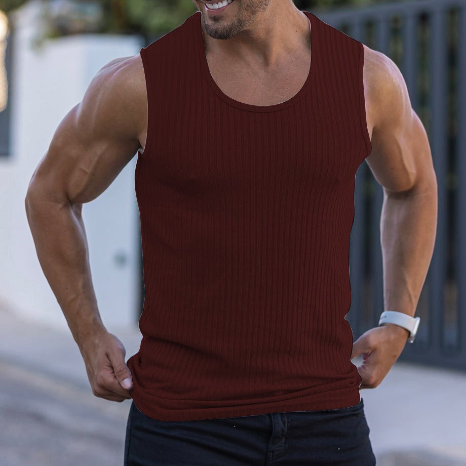 Summer Knitted Vertical Bar Fitness Sports Leisure Fit Tank Top Mens Sleeveless Wide Shoulder Tank Top Mens