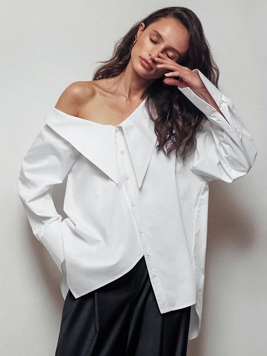 White sexy off-shoulder irregular collar temperament loose shirt