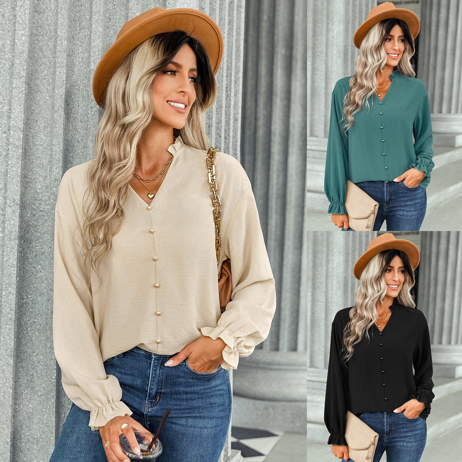 Autumn And Winter New V-Neck Tops Women's Fashion Button-Decorated Solid Color Shirts