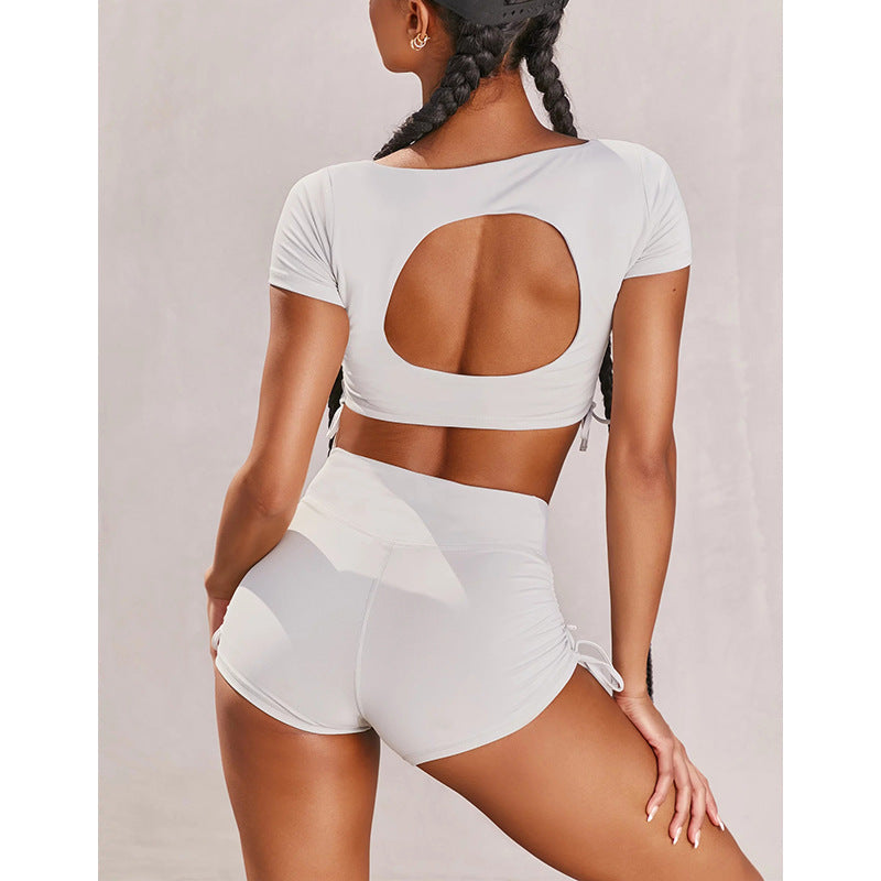 New Square Neck Open Back Sexy Tight Shorts Suit Sports Women's T-Shirt 2 Piece Set