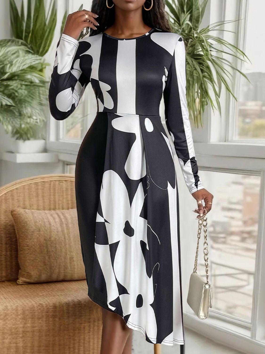 Asymmetrical Slit Round Neck Long Sleeve Midi Dress