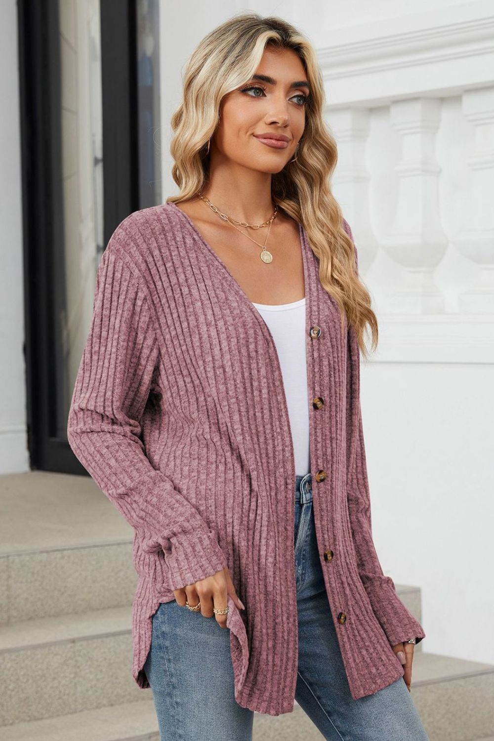 Ribbed Button Up Long Sleeve Cardigan