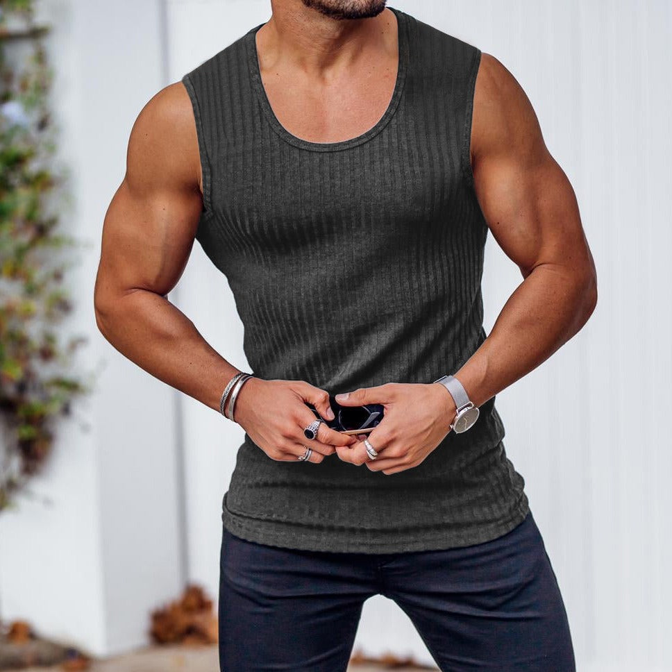 Summer Knitted Vertical Bar Fitness Sports Leisure Fit Tank Top Mens Sleeveless Wide Shoulder Tank Top Mens