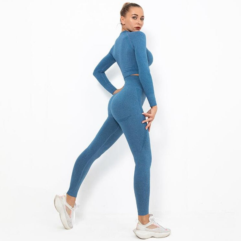 Women Seamless Yoga Set squat proof High Waist Gym Leggings + Shirts Suit Long Sleeve tops Fitness Workout Sports Sets