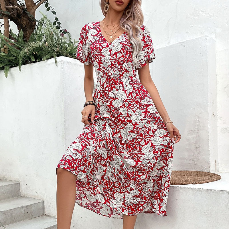 Summer New European and American Fashion Women's Red Print Temperament Dress