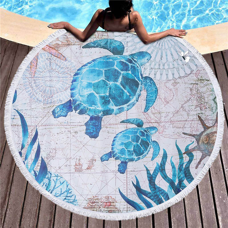 Large Bath Towel for Adults Beach Thick 150cm Round Microfiber Beach Towels Turtle Marine Printed Compressed Tapestry Yoga Mats