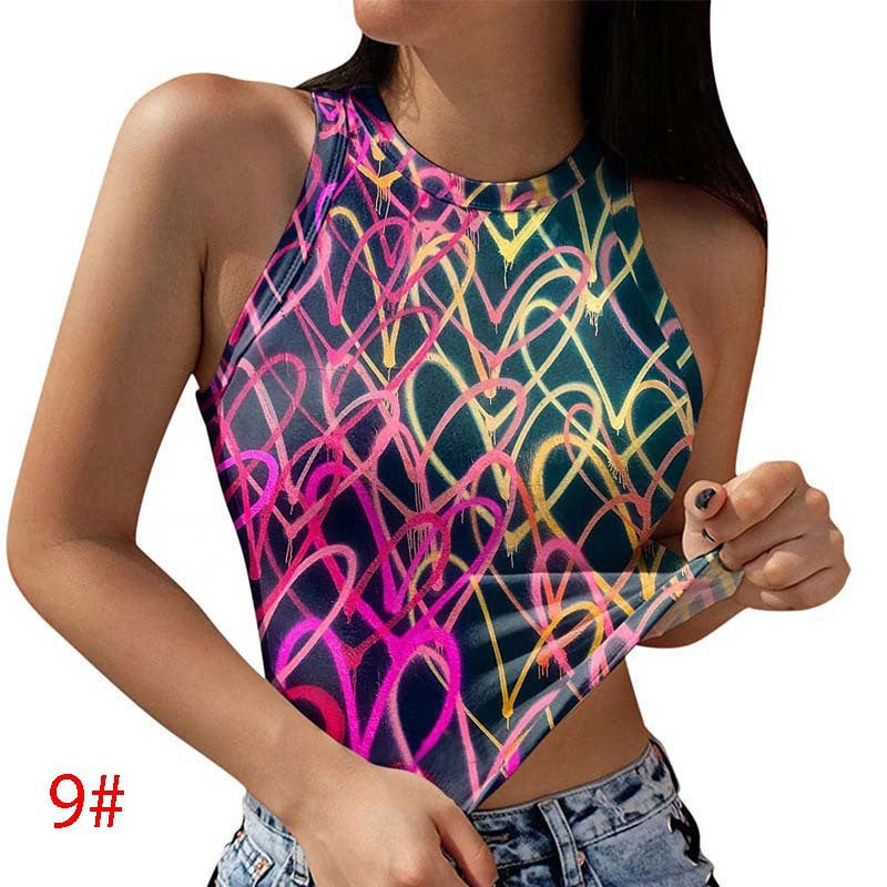 European And American Spring And Summer Print Round Neck Sleeveless Casual Vest Crop Top Women's Ins