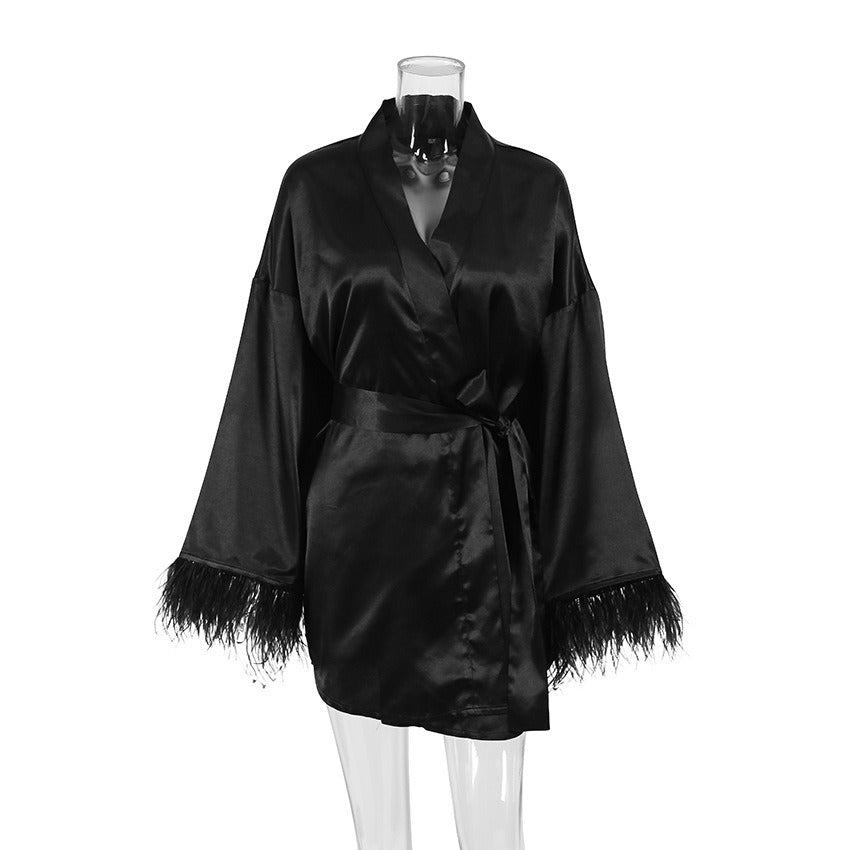 Nightgown Ostrich Feather Long Sleeve Pajamas Cardigan European and American Simulation Silk Black Bathrobe Women's Home Clothes