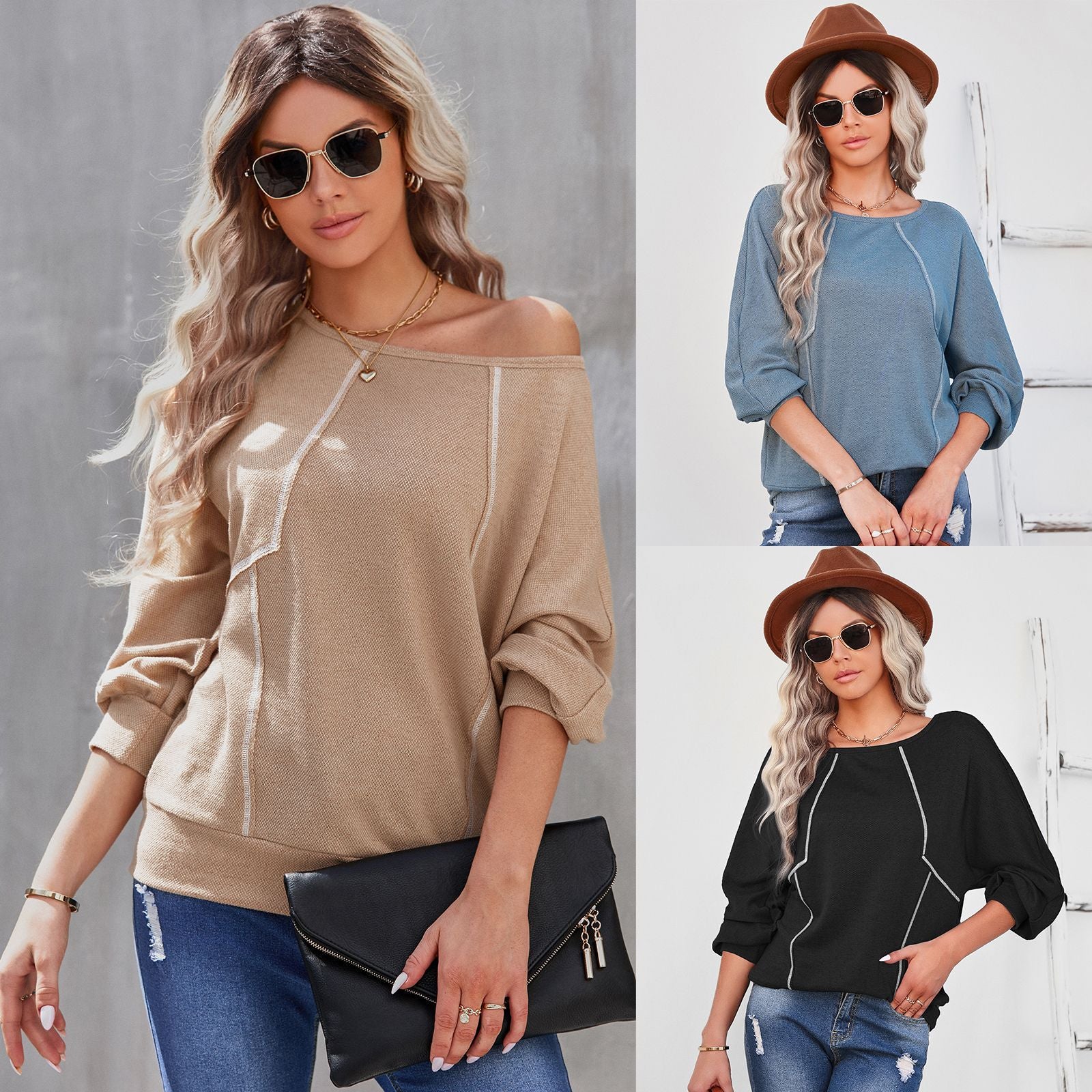 New Round Neck Loose Long Sleeve Pullover Bottoming Shirt Stitching T-Shirt Top