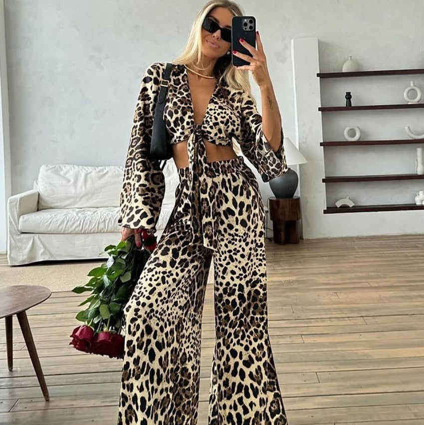 Leopard print fashion breathable loose soft long sleeve trousers summer thin women's pajamas home clothes