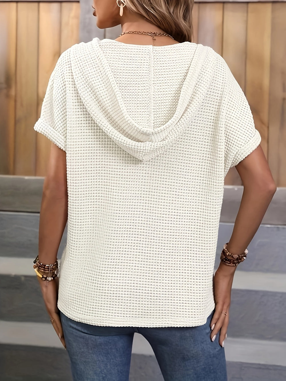 Waffle-Knit Hooded Short Sleeve Top
