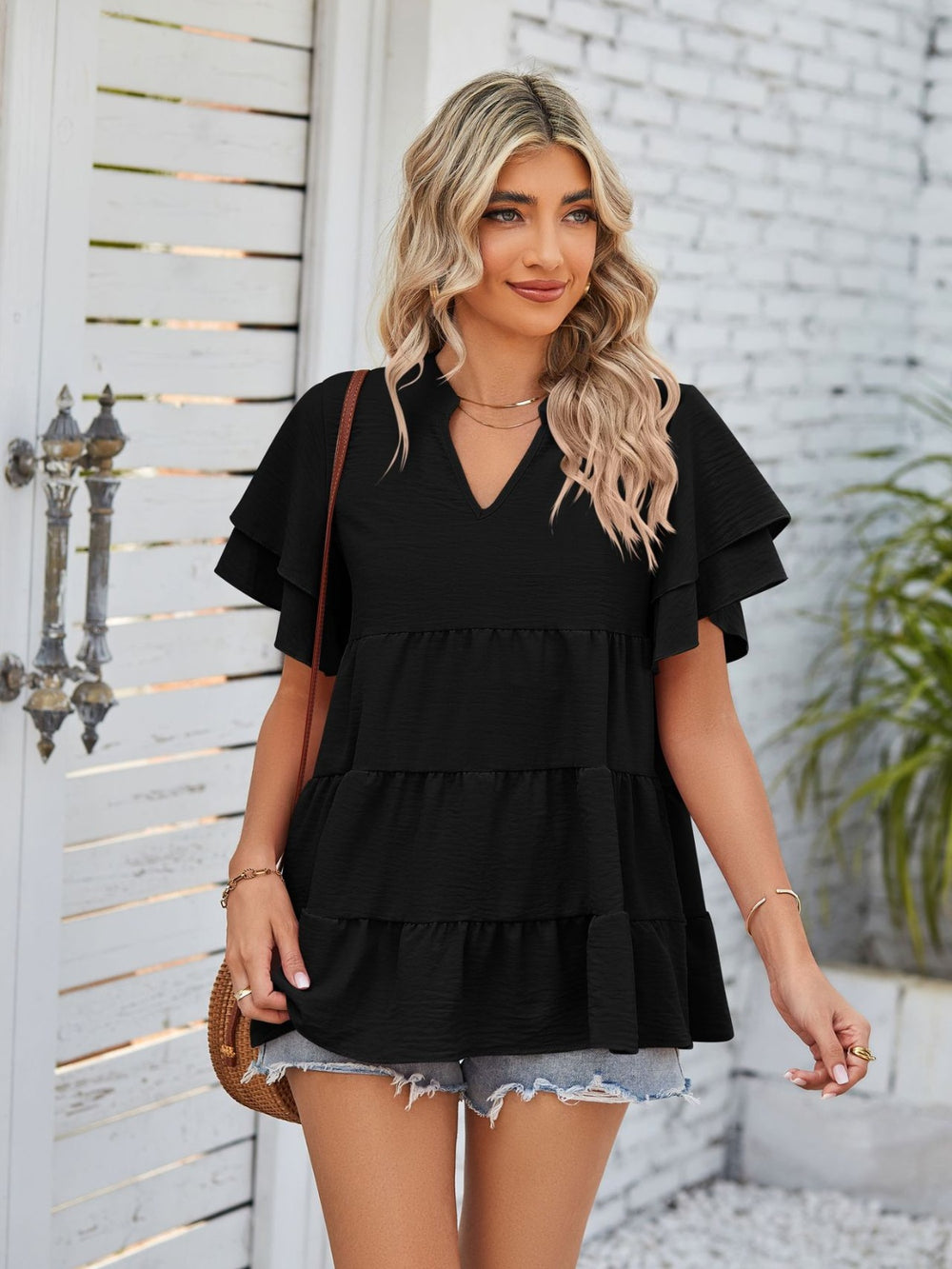 Tiered Notched Short Sleeve Blouse