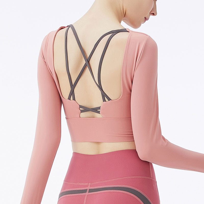 Spring And Summer New Beautiful Back With Chest Cushion Backless Yoga Suit Long Sleeved Sports Women's Nude Fitness Short Top