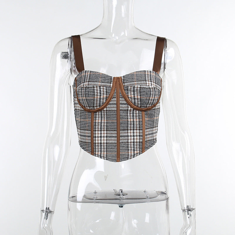 Plaid Breast Suspender Top Women's Autumn Pastoral Sexy Short Vest
