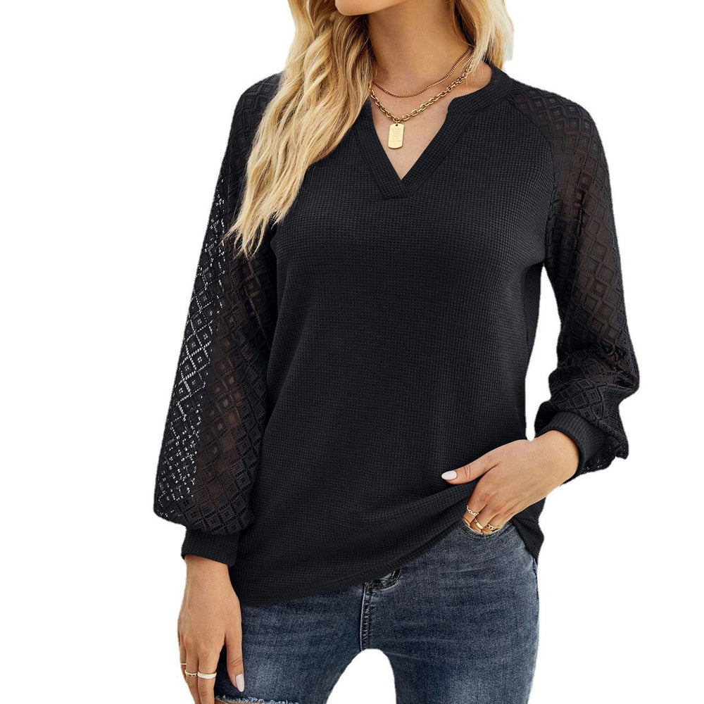 Women's Autumn And Winter New Waffle-Grace Stitching Long-Sleeved V-Neck t-Shirt Top