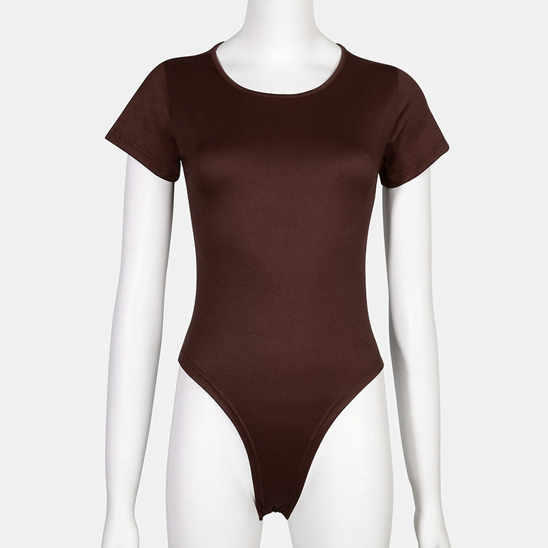 Women's Solid Color Short Sleeve T-Shirt Jumpsuit Ins Style Round Neck Slim High Fork Bodysuit