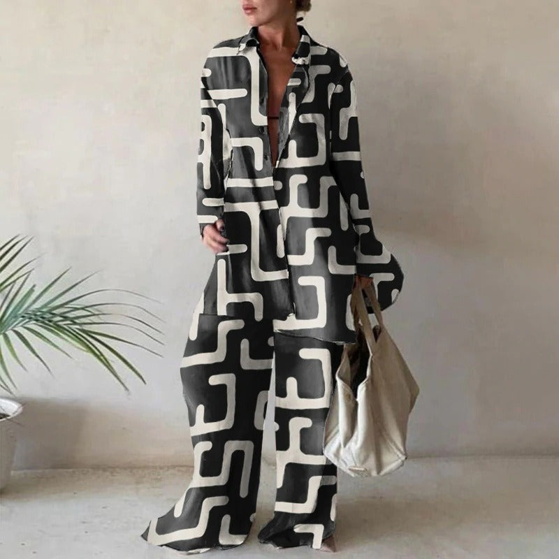 New European and American printed suit loose long-sleeved v straight pants dress