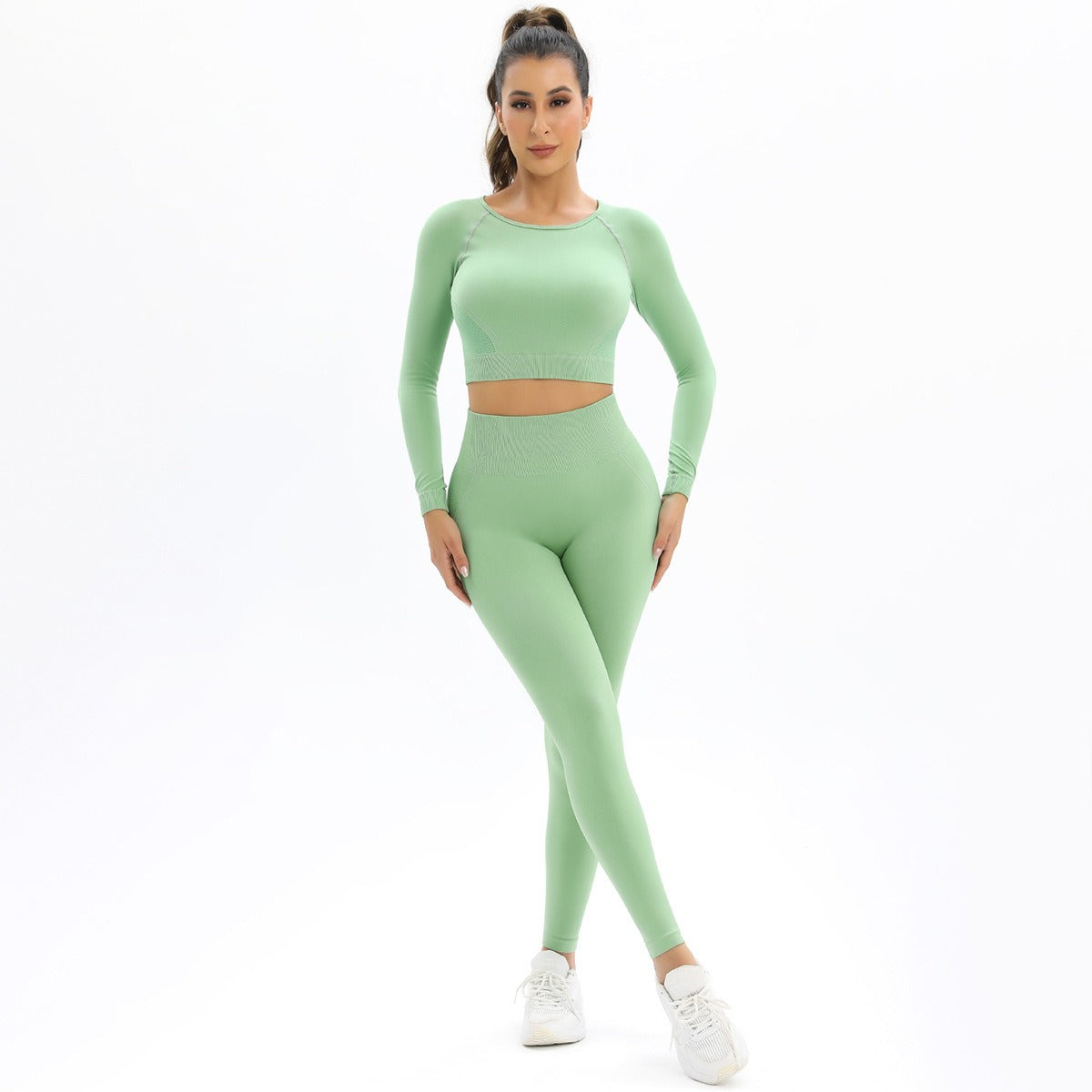 Peach Seamless Knitting Backless High Elastic Long Sleeve Yoga Suit Sports Running Fitness Two-Piece Set For Women