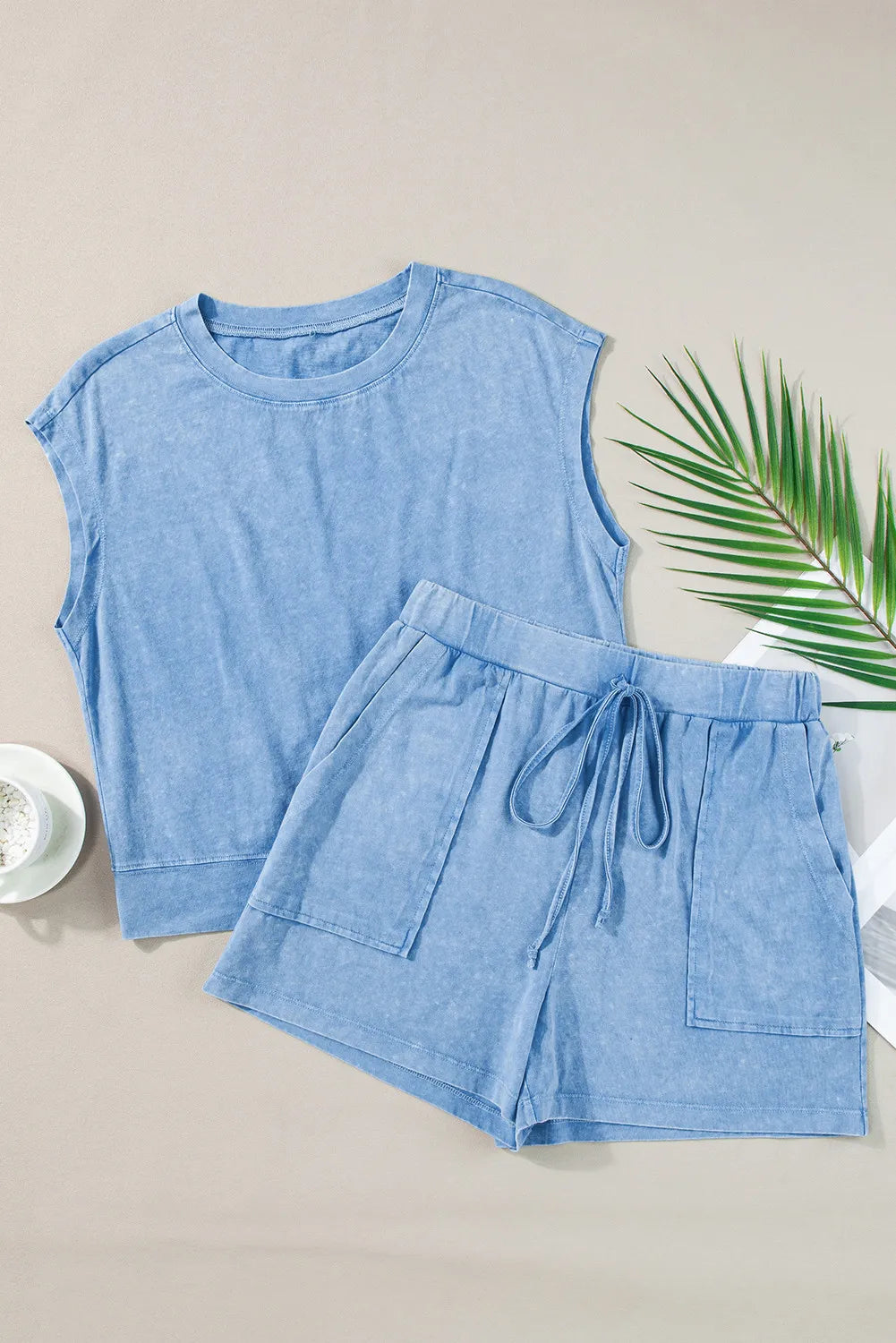 Round Neck Short Sleeve Top and Shorts Set