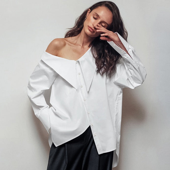 White sexy off-shoulder irregular collar temperament loose shirt