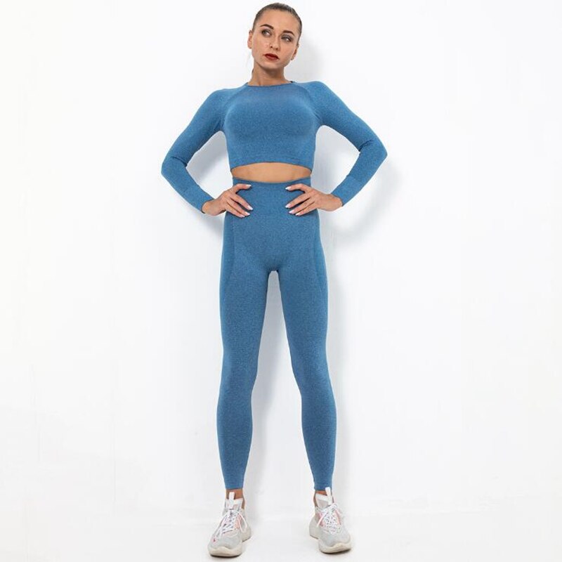 Women Seamless Yoga Set squat proof High Waist Gym Leggings + Shirts Suit Long Sleeve tops Fitness Workout Sports Sets