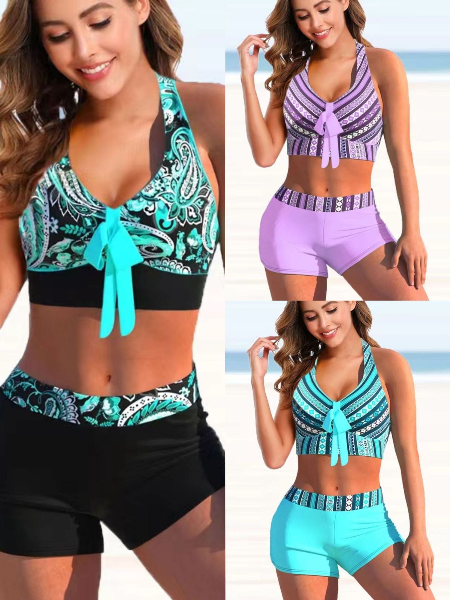 Bikini printed split swimsuit with flat angle stripes