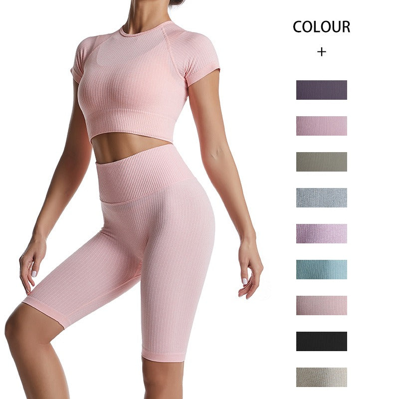 Threaded Yoga Suit Sportswear Summer Short-Sleeved Shorts Bra Tight-Fitting Clothes