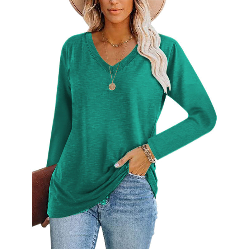 Autumn And Winter New Women's V-Neck Pullover Long Sleeved T-Shirt Bottoming Shirt Top Mid Length Loose