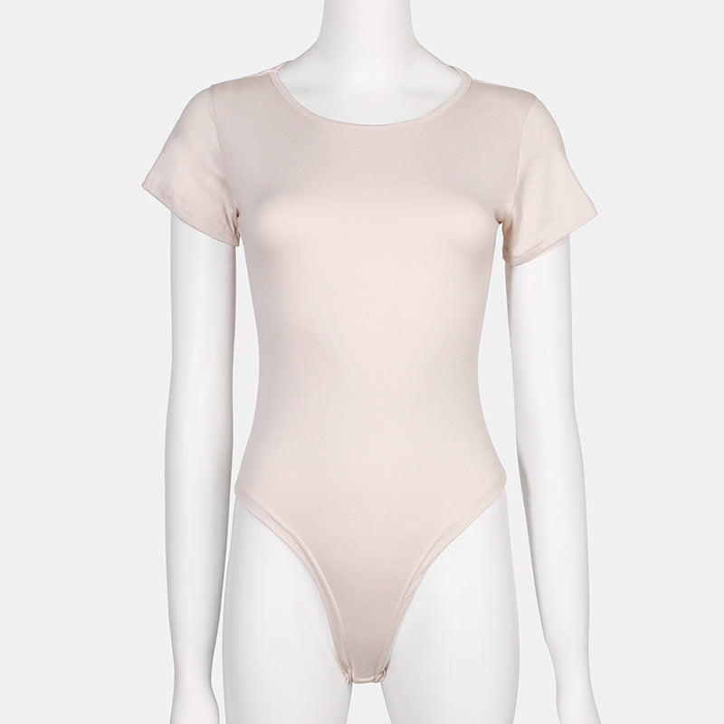 Women's Solid Color Short Sleeve T-Shirt Jumpsuit Ins Style Round Neck Slim High Fork Bodysuit