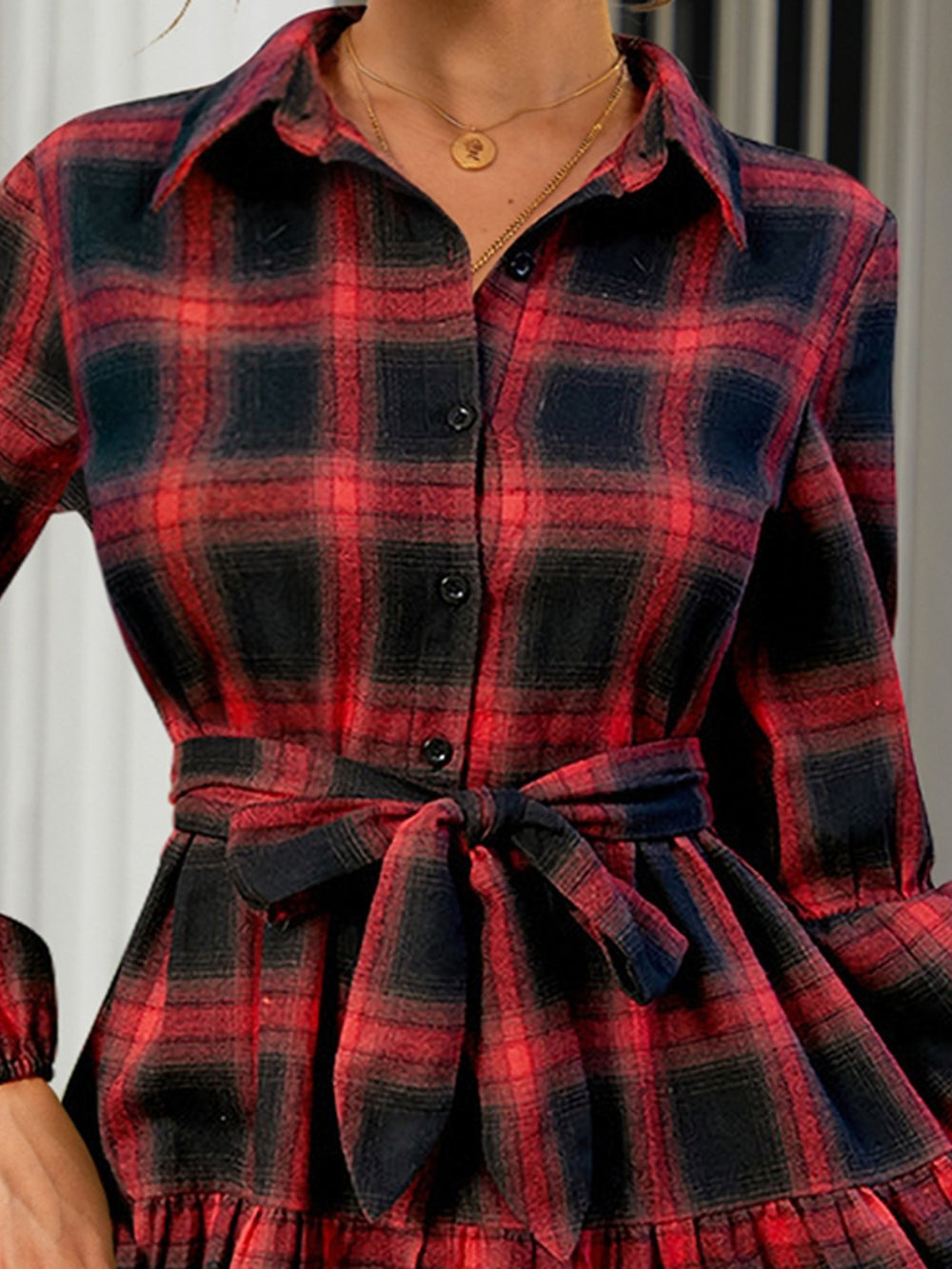 Tied Plaid Long Sleeve Mini Dress