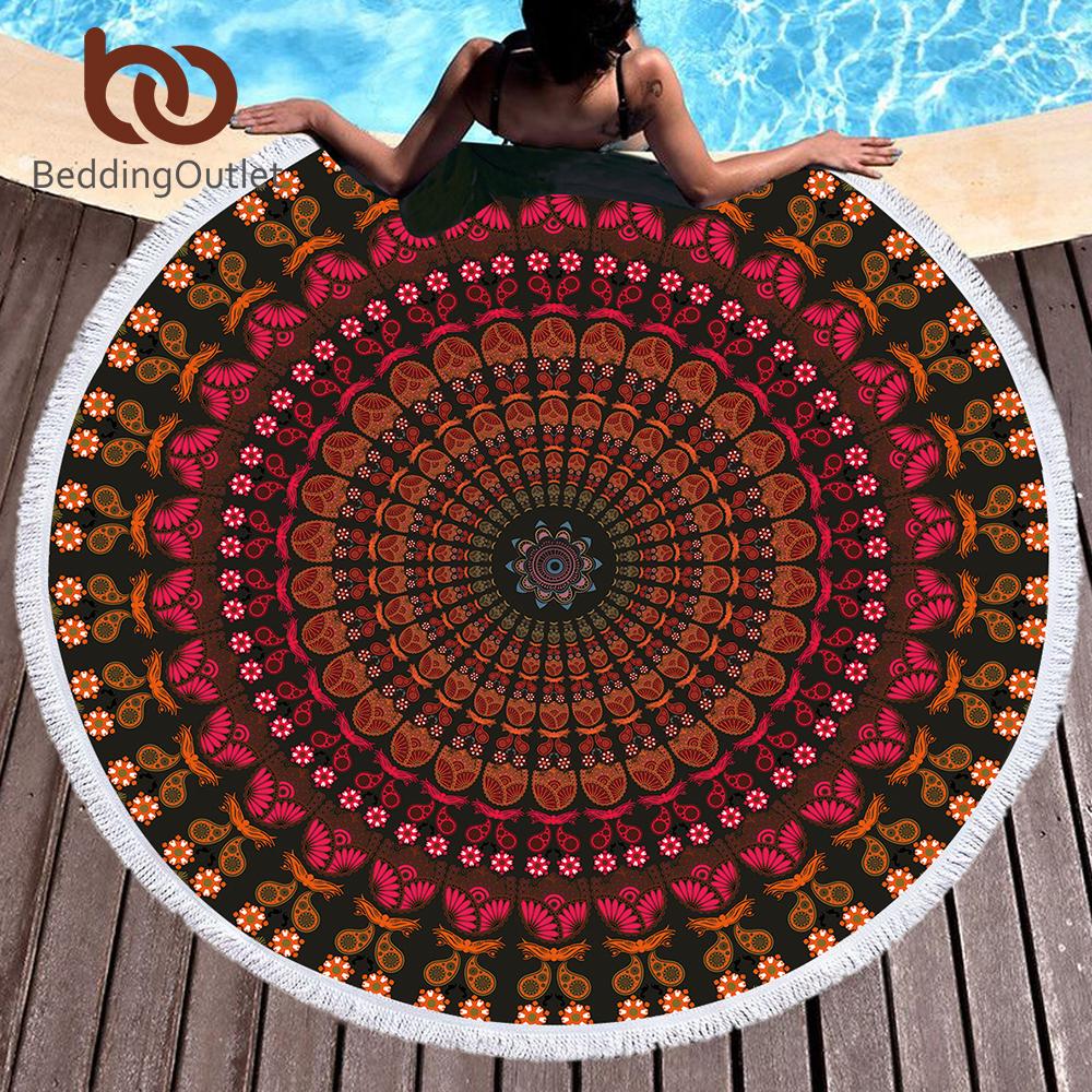 Orange Mandala Tassel Tapestry Floral Round Beach Towel Boho Toalla Sunblock Blanket Bohemian Flower Yoga Mat