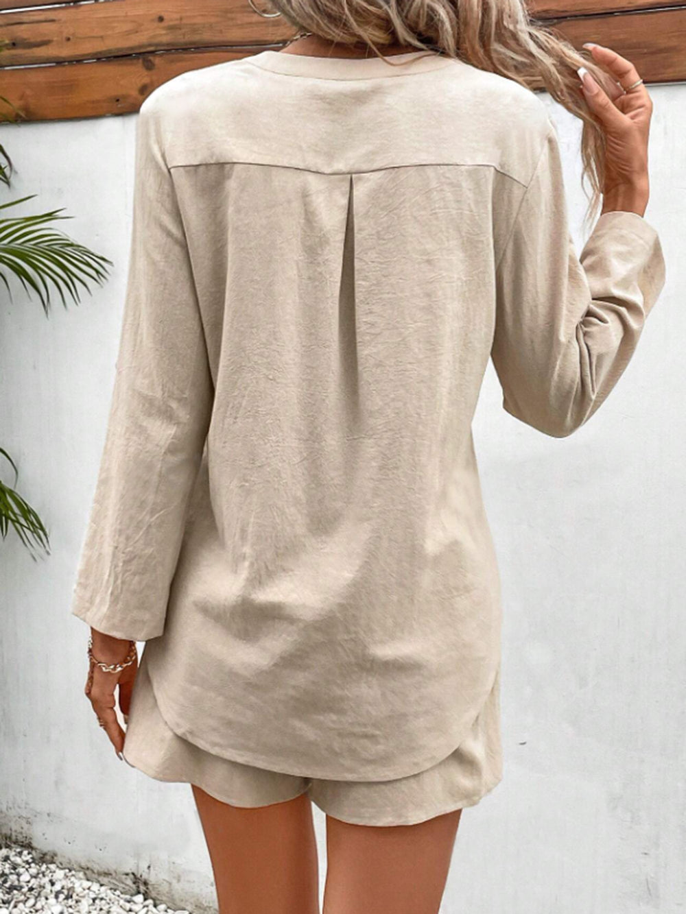 Notched Long Sleeve Top and Shorts Set