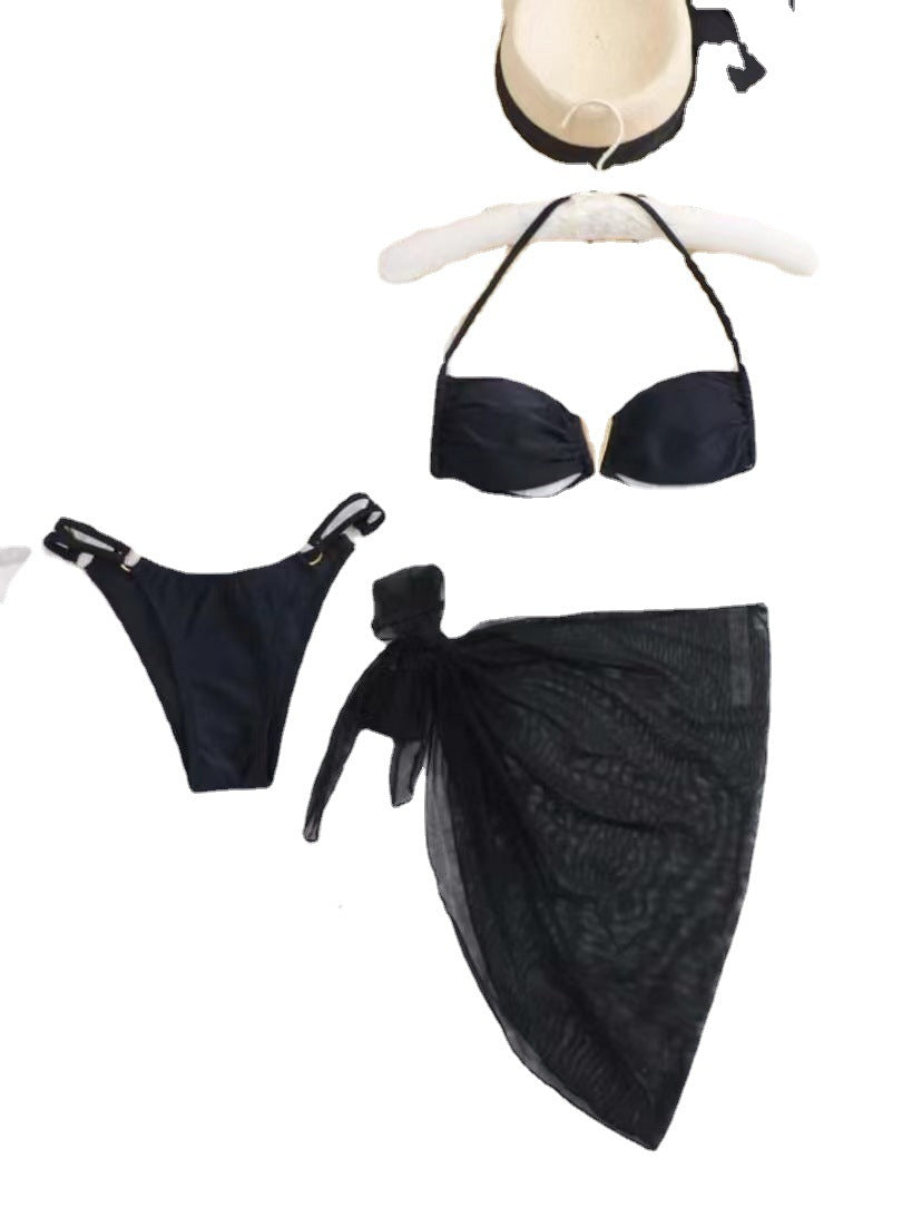 New Small Fragrance Style High Waist Shoulders Spot Solid Color Export One Size Black Bikini
