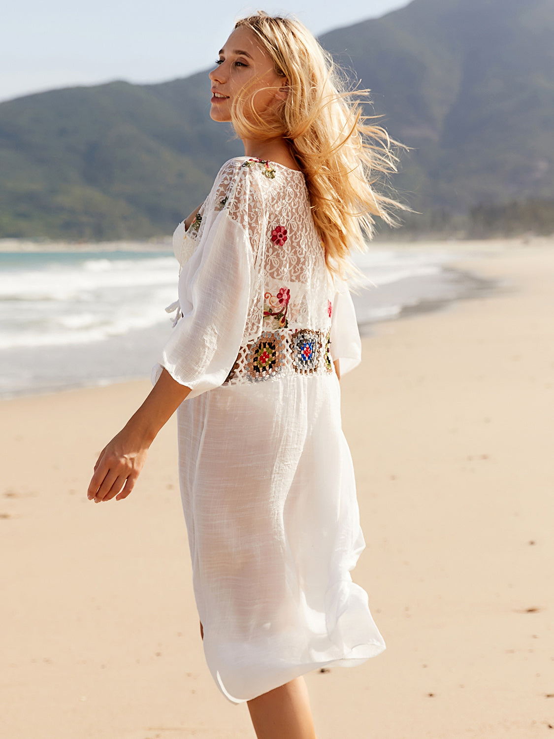 Tied Lace Three-Quarter Sleeve Cover-Up