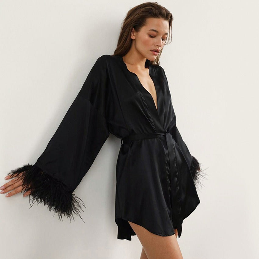 Nightgown Ostrich Feather Long Sleeve Pajamas Cardigan European and American Simulation Silk Black Bathrobe Women's Home Clothes