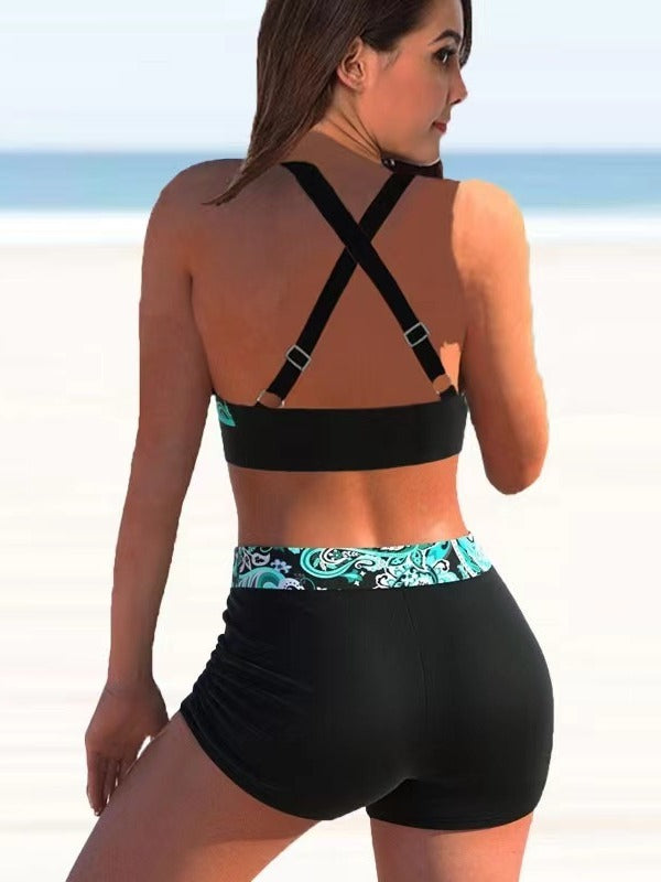 Bikini printed split swimsuit with flat angle stripes