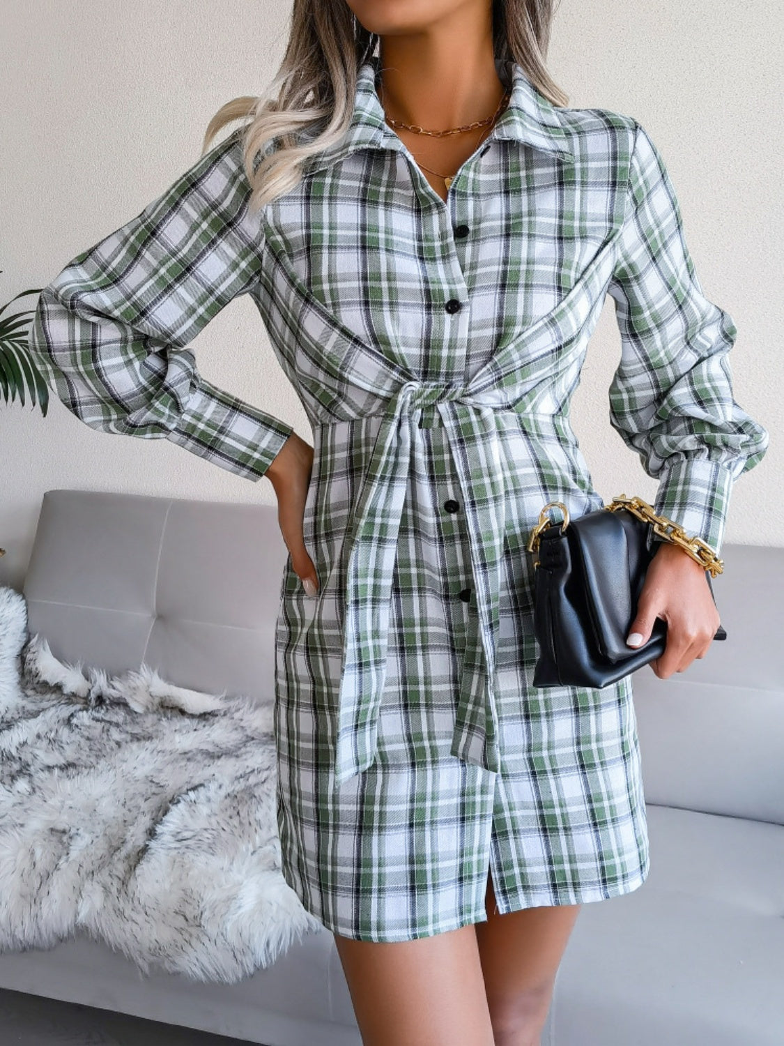 Tied Plaid Long Sleeve Mini Shirt Dress