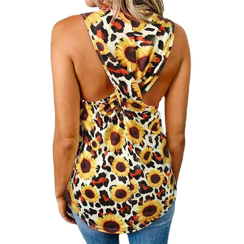 Summer New Vest T-Shirt Women's U-Neck Leopard Print Sunflower Print Backless Hollow Sleeveless Top Women