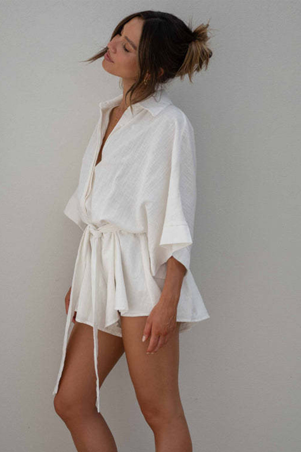 Tied Button Up Collared Neck Romper