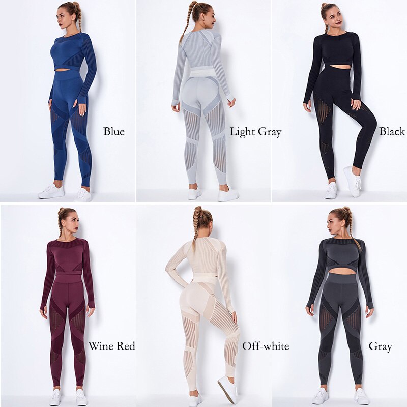 Yoga Set Seamless Fitness Crop Top Women Long Sleeve Gym Clothing Push Up High Waist Pants Workout Sportwear Running Suit