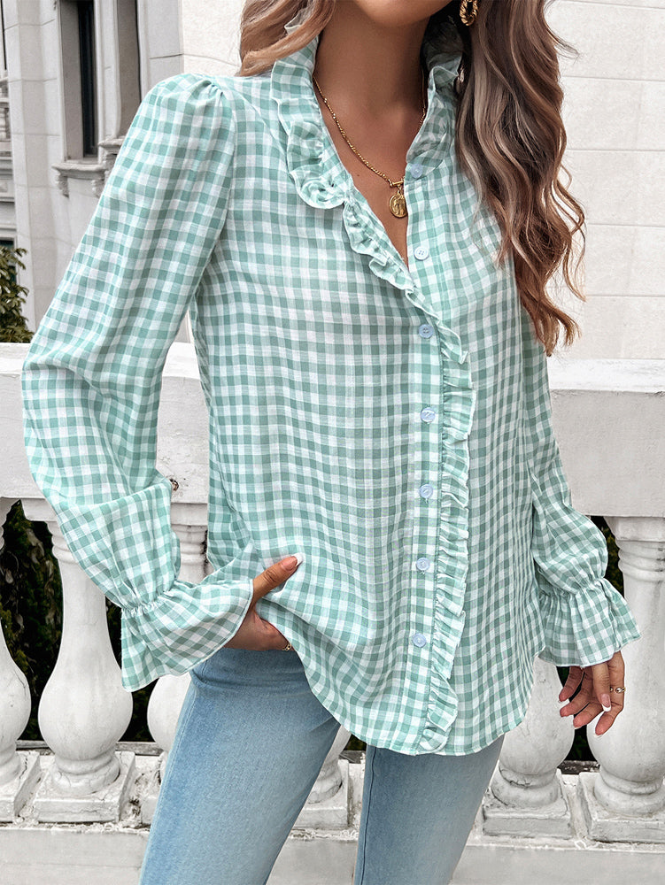 Frill Ruffled Plaid Long Sleeve Shirt