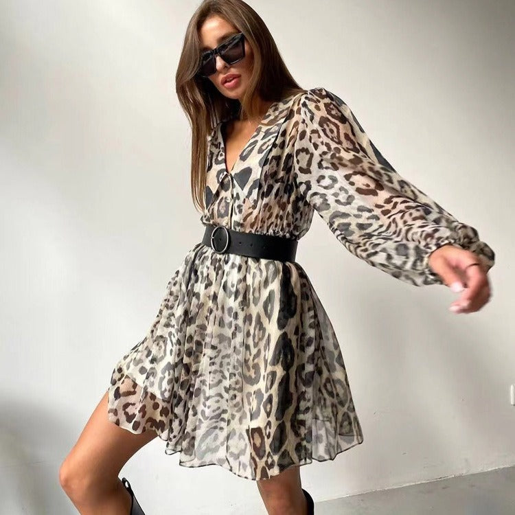 French chiffon dress cross-border women's fashion trend baby collar long sleeve leopard print skirt