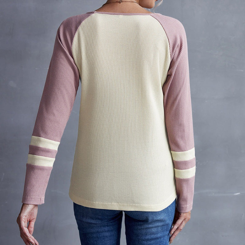 Contrast color V-neck pullover long sleeved T-shirt European and American color blocking sweater top
