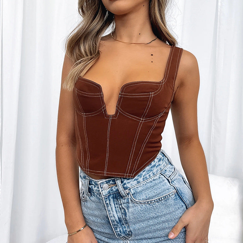 European And American Women's Sexy Square Collar Cropped Navel Short Outer Wear Camisole Top Women
