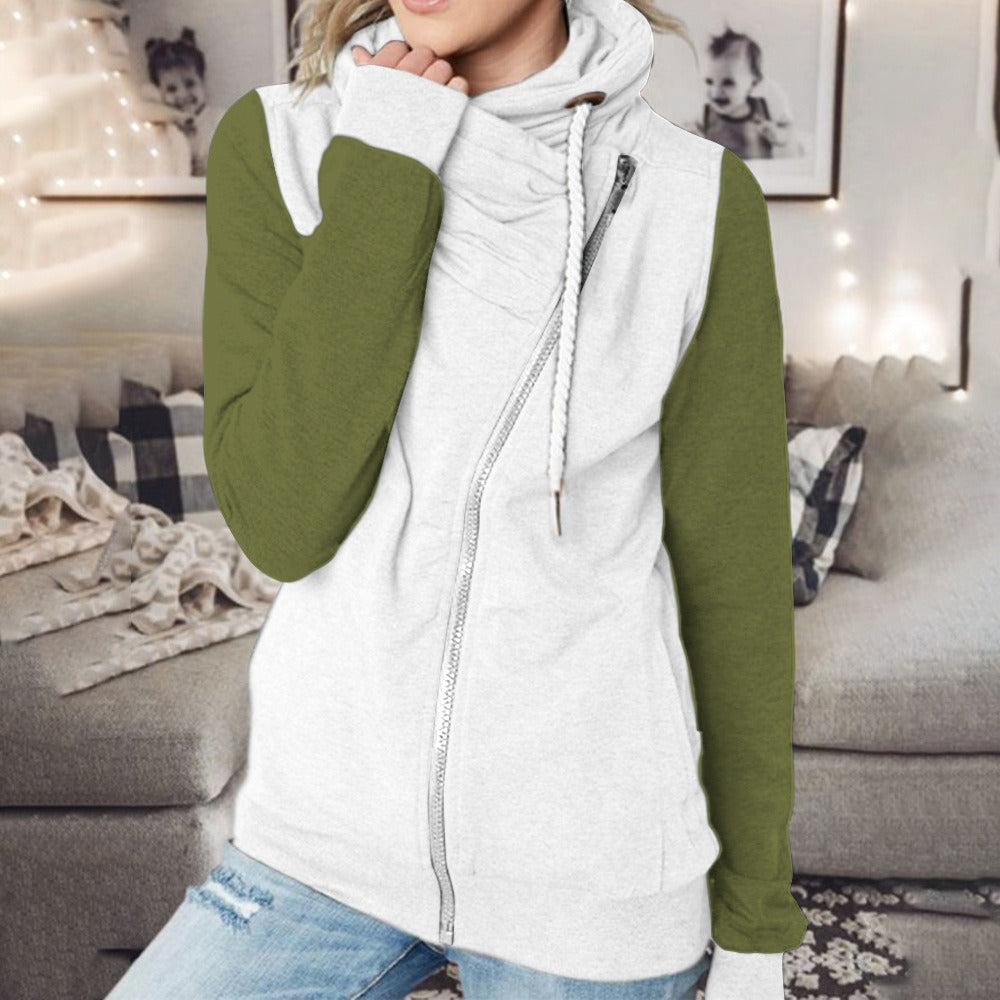 Autumn And Winter New Color Blocking Multicolor Personality High Neck Zipper Plush Sweater For Women