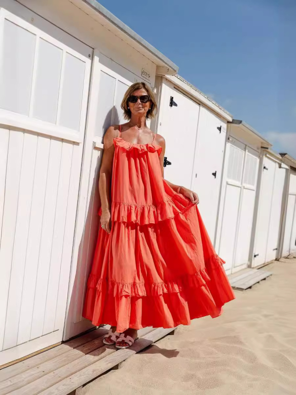 New holiday style ruffled long dress with long swing and elegant beach dress
