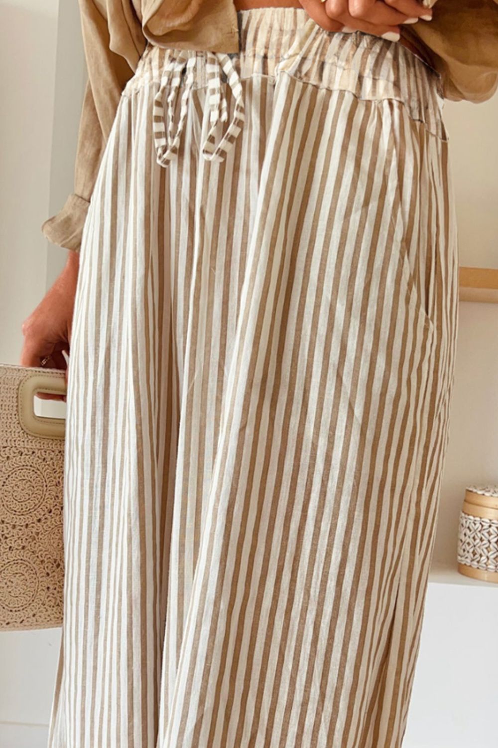 Pocketed Striped Wide Leg Pants