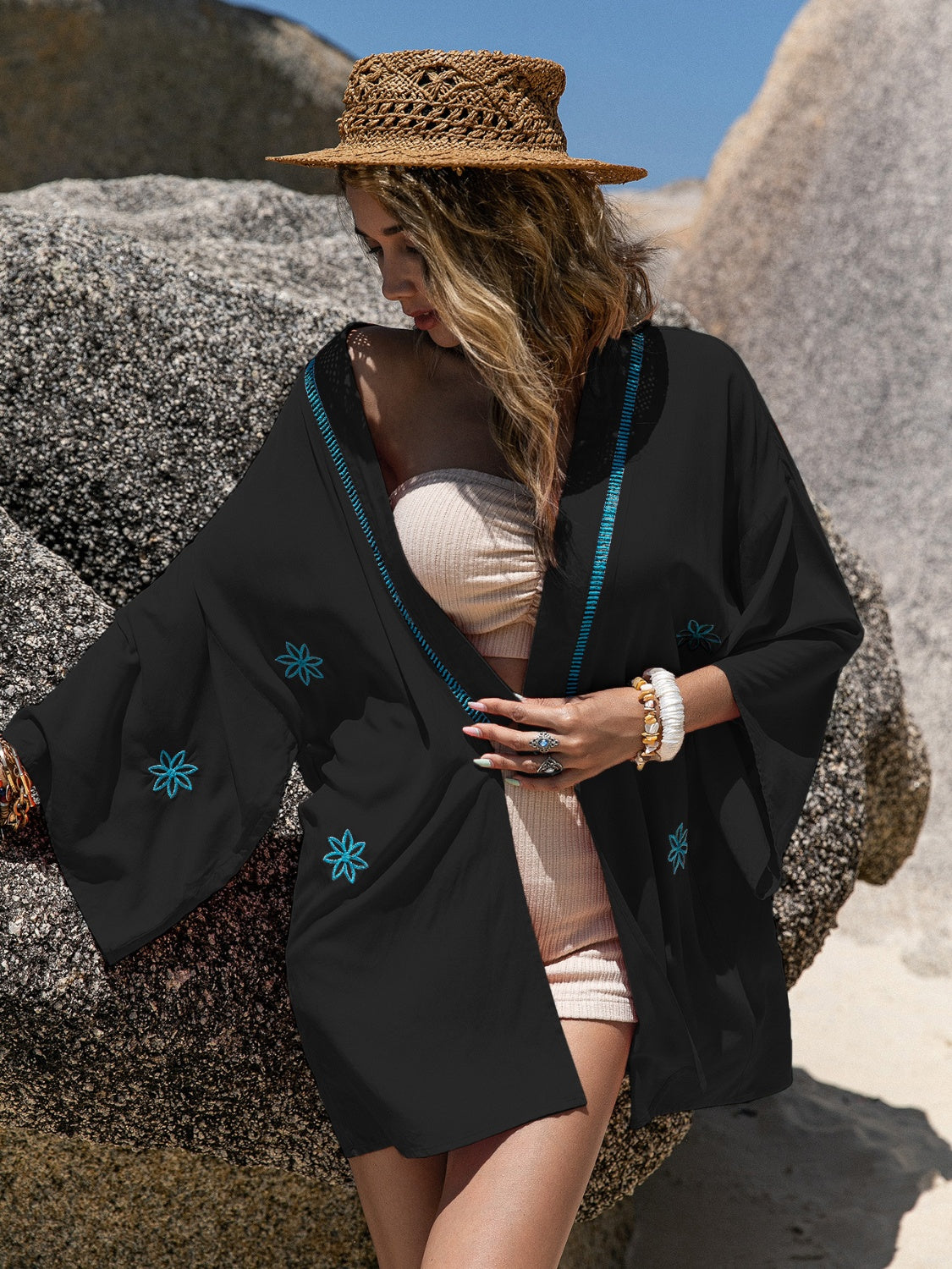 Embroidered Open Front Long Sleeve Cover Up