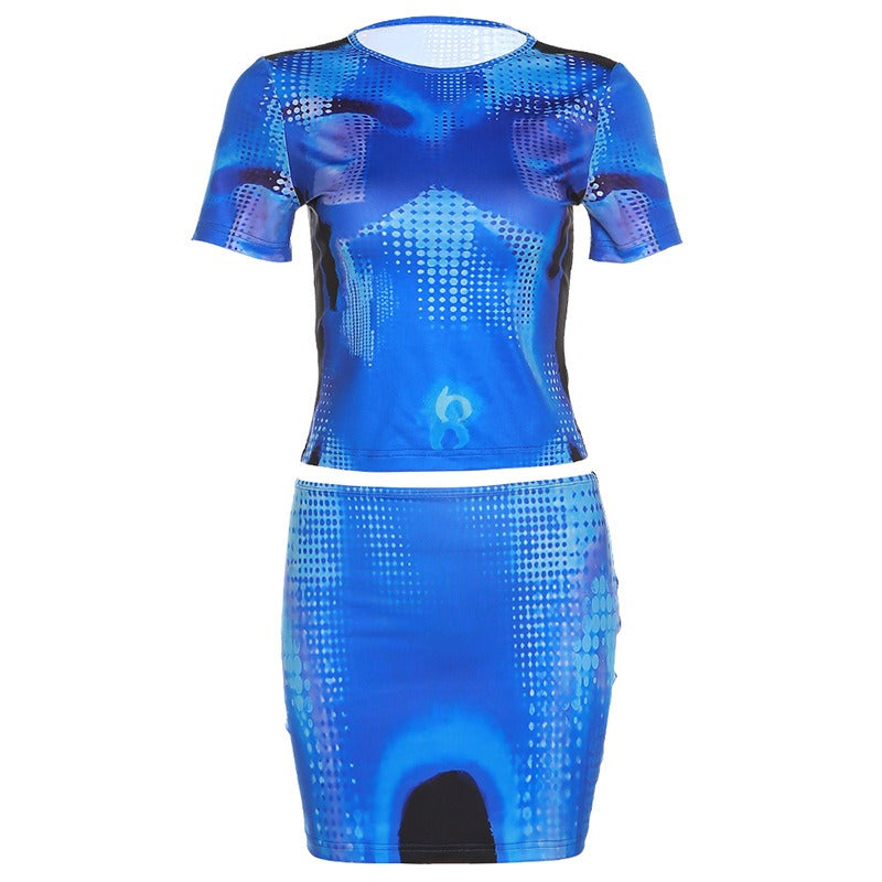 Spring and Summer Women's New Fashion 3D Printing Short Sleeve Slim Fit Short Skirt Set