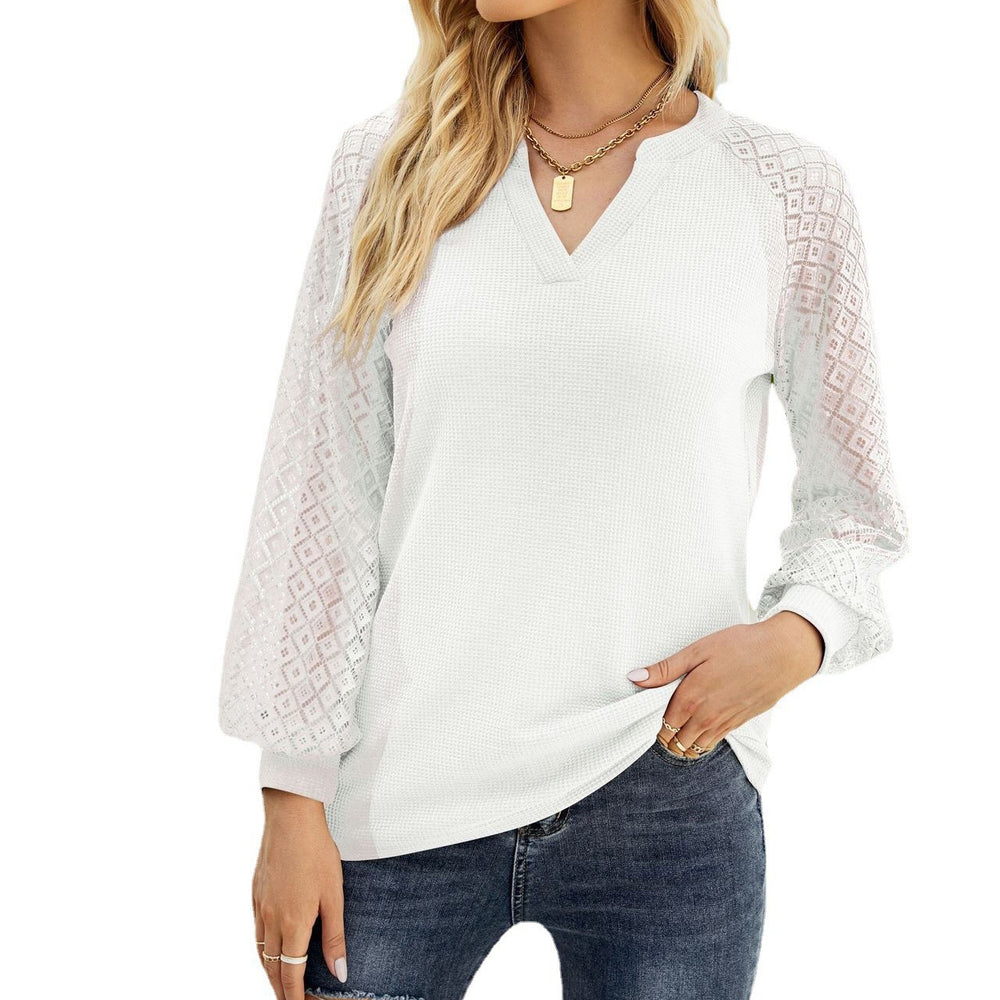 Women's Autumn And Winter New Waffle-Grace Stitching Long-Sleeved V-Neck t-Shirt Top